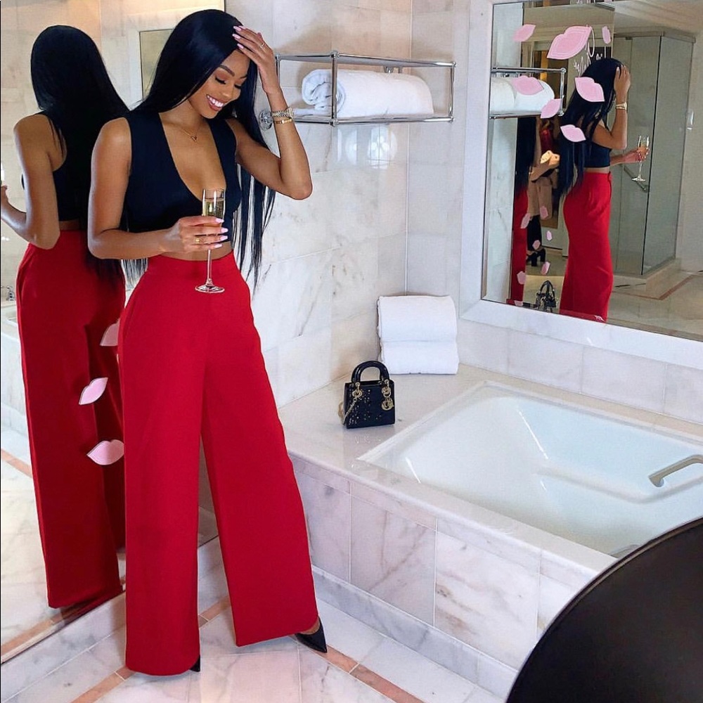 Red wide leg high waist trousers